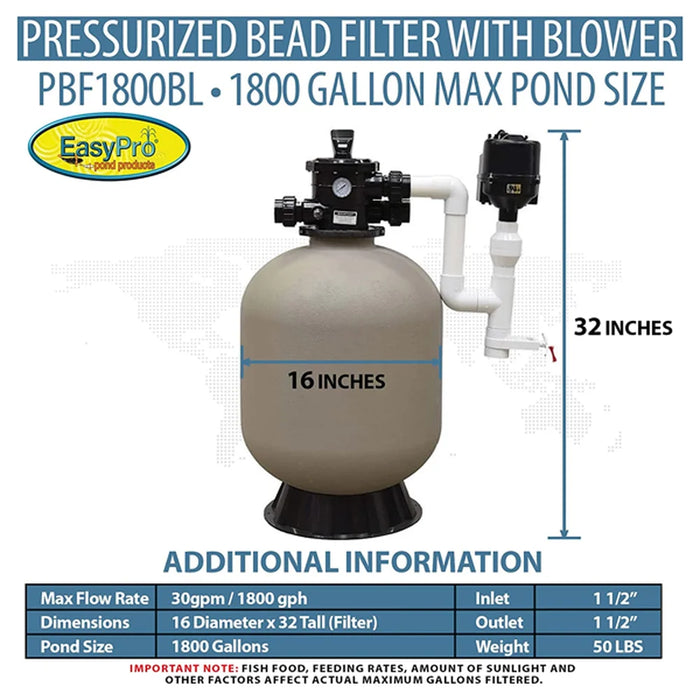 Dimension and spec diagram for the EasyPro 1800 Bead Filter Blower listing 1800 gph flow, 16 by 32 inch size and 50 lb weight