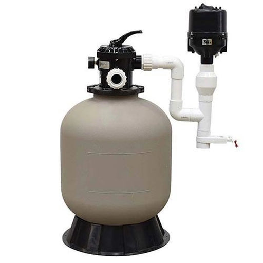 Complete EasyPro 3600 Bead Filter with Blower showing tan tank, black control head and side-mounted air blower on white background