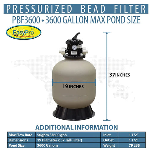 Dimension diagram of the EasyPro 3600 Gallon Pressurized Bead Filter labeled 19 inch diameter, 37 inch tall with spec table