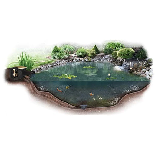 Cutaway cross-section showing skimmer, waterfall filter and liner layout of the EasyPro EL2434 Large Pond Kit