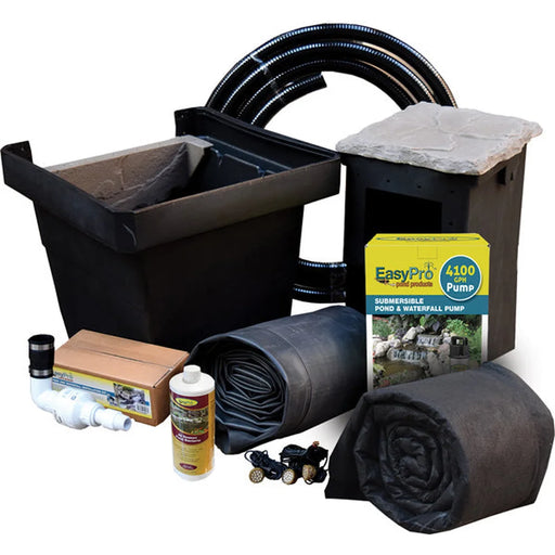 Skimmer, waterfall filter, liner, tubing and pump included in the EasyPro EM1621FB Pro-Series Pond Kit box layout