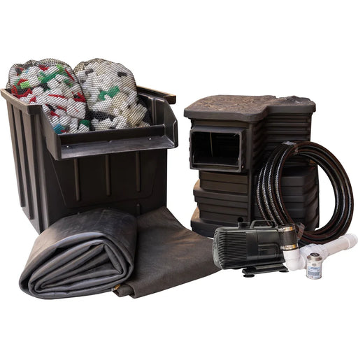 EasyPro EPK1015 10x15 Pond Kit component layout with skimmer, filter, liner, pump, tubing and glue on white