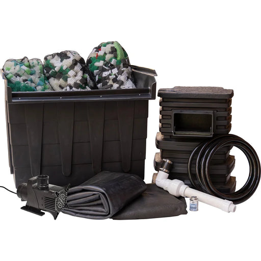 Full component layout of the EasyPro EPK1520 15x20 Pond Kit showing filter, skimmer, pump, liner, tubing and glue
