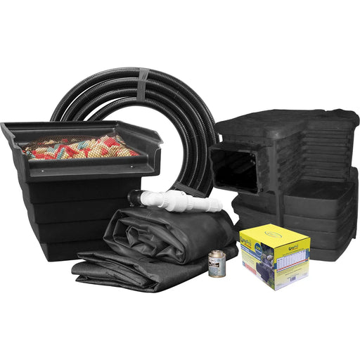 All included components of the EasyPro EPK66 Complete Pond Kit laid out on white including skimmer, filter, liner, pipe and pump