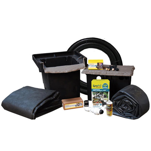 Full EasyPro ES11AFB Pro-Series layout with skimmer, filter, pump, liner, tubing, LED lights and fittings on white