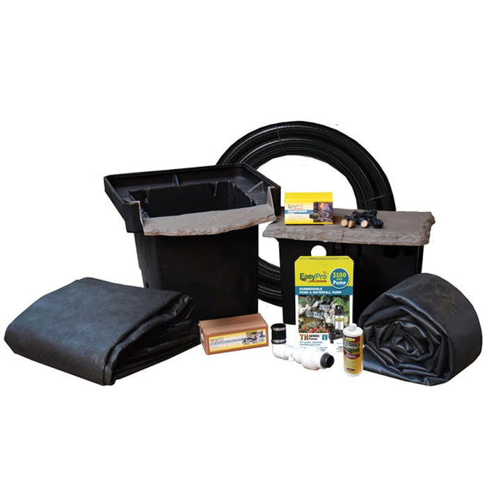Full EasyPro ES11AFB Pro-Series layout with skimmer, filter, pump, liner, tubing, LED lights and fittings on white