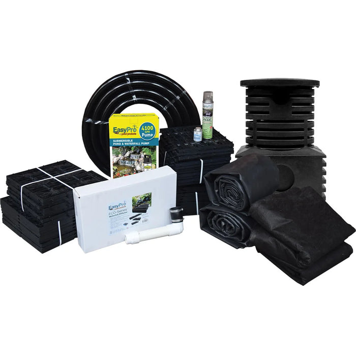 Complete EasyPro JAF16W Pro-Series Waterfall Kit components including pump, diffuser, PRO-Blox, vault and rolled EPDM liner