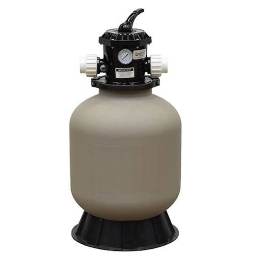 Front view of the EasyPro PBF1800 Bead Filter with tan tank, black control head, pressure gauge and union fittings