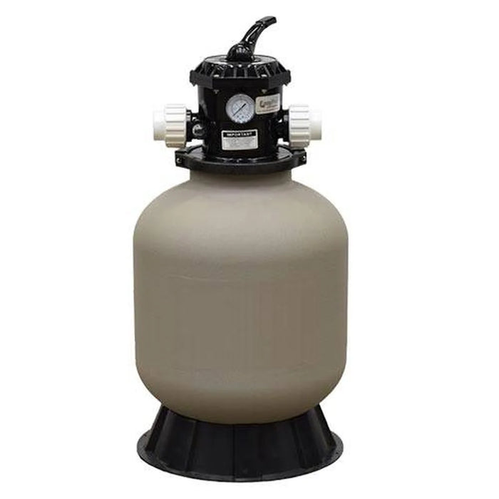 Front view of the EasyPro PBF1800 Bead Filter with tan tank, black control head, pressure gauge and union fittings