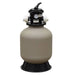 Front view of the EasyPro PBF1800 Bead Filter with tan tank, black control head, pressure gauge and union fittings