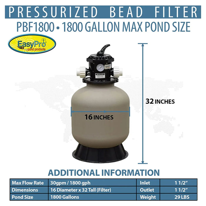 Dimension and specification infographic for the EasyPro PBF1800 showing 16 inch diameter, 32 inch height and flow rate details