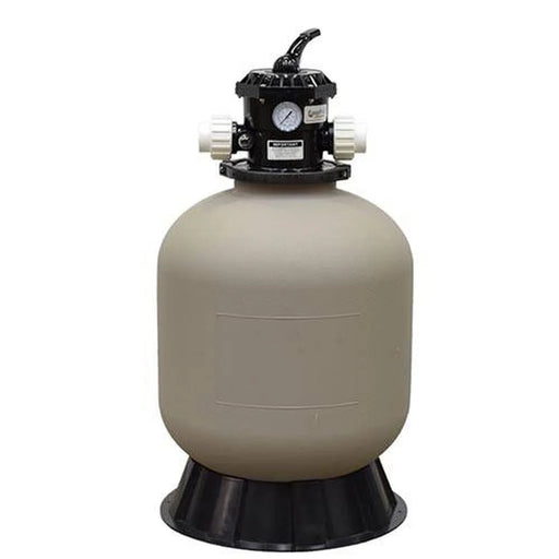 Tan polyethylene EasyPro PBF6000 Pond Filter with black six position control head, pressure gauge, and conical base on white
