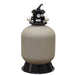 Tan polyethylene EasyPro PBF6000 Pond Filter with black six position control head, pressure gauge, and conical base on white