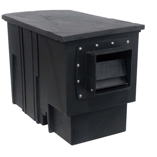 Black EasyPro PSA3600D Pond Skimmer shown at a slight side angle on white with flanged inlet and stainless hardware