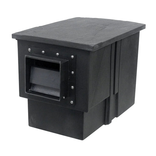 Black EasyPro PSA7000 Axiom Pro-Series skimmer at a slight angle showing the front weir opening and stainless hardware flange