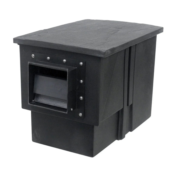 Black EasyPro PSA7000 Axiom Pro-Series skimmer at a slight angle showing the front weir opening and stainless hardware flange