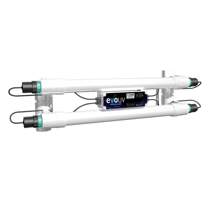 Angled render of the Evolution Aqua 110W UV Clarifier with twin UV chambers, teal accent rings and central ballast box