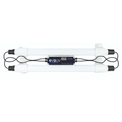 Evolution Aqua 110 Watt UV Clarifier front view with twin white UV chambers and central control box on white background