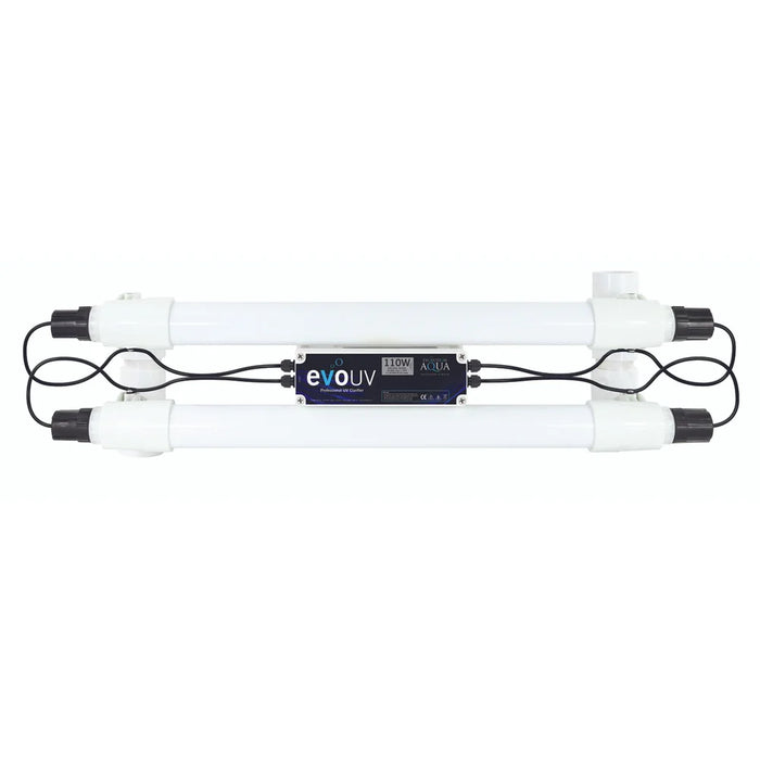 Evolution Aqua 110 Watt UV Clarifier front view with twin white UV chambers and central control box on white background
