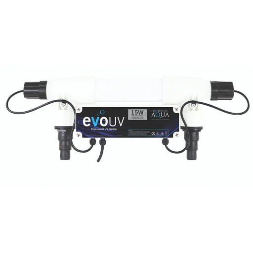 Front view of the Evolution Aqua 15 Watt Pond Clarifier showing white housing, black end caps and stepped hosetail fittings
