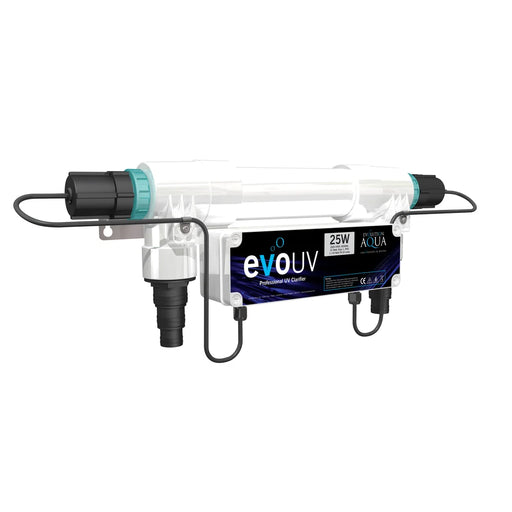Angled view of the Evolution Aqua 25 Watt Pond UV Clarifier showing mounting bracket, teal collars, and stepped hosetail fitting