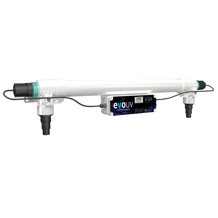 Evolution Aqua 30 Watt Pond UV Clarifier at a slight side angle showing mounting bracket, teal end caps and hosetail fittings