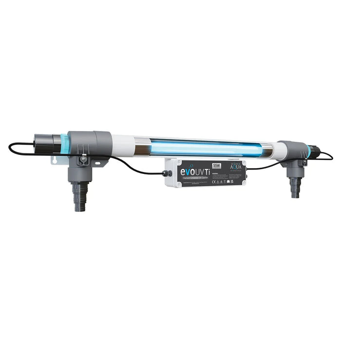 Cutaway view of the Evolution Aqua 55W Titanium UV Pond Sterilizer showing the illuminated blue UV lamp inside the quartz sleeve