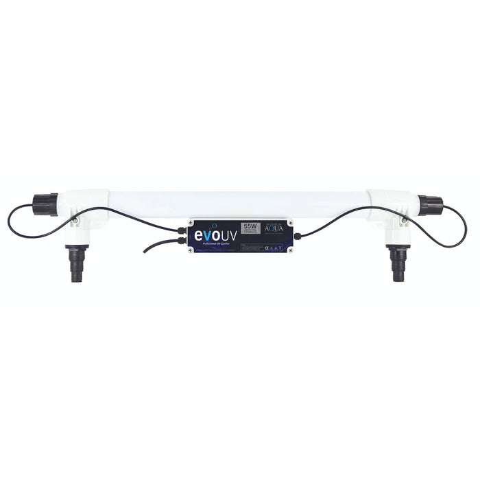 Front view of the Evolution Aqua 55 Watt UV Clarifier white body with black end caps and central 55W control label