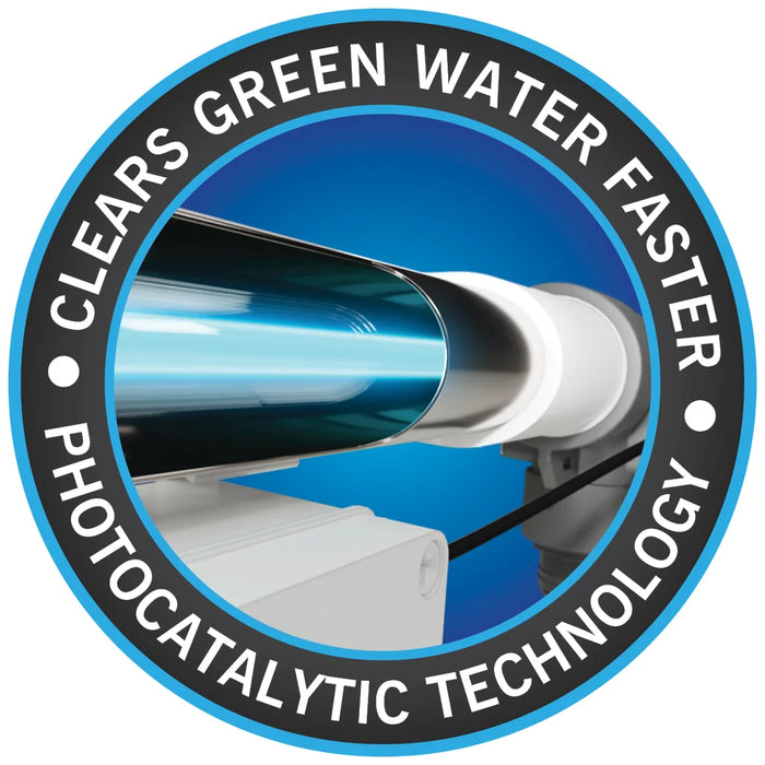 Photocatalytic technology roundel badge for the Evolution Aqua 55 Watt Titanium UV Sterilizer showing the glowing internal UV lamp