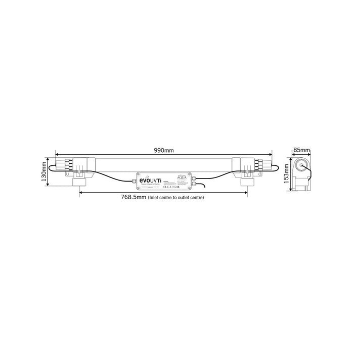 Dimension diagram of the Evolution Aqua 55 Watt Titanium UV Clarifier showing 990mm length, 130mm height and inlet to outlet spacing