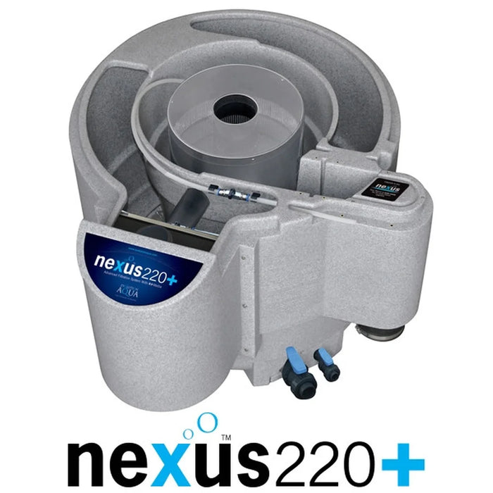 Angled render of the Evolution Aqua Nexus 220+ EAZY Pond Filter with brand logo below the grey filter unit