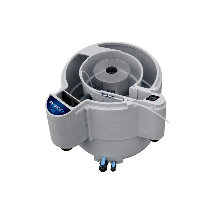 Evolution Aqua Nexus 320+ EAZY Pond Filter shown at an angle with lid off, branded label, inner chamber and blue base valves