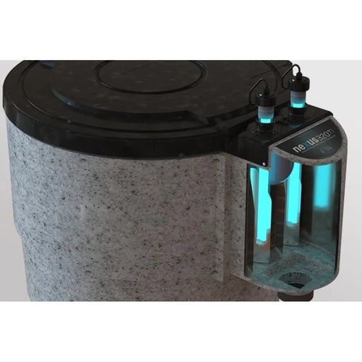 Cutaway of the Evolution Aqua Nexus EAZY 320 Titanium Pond Filter showing glowing titanium UV lamps inside the clarifying chamber