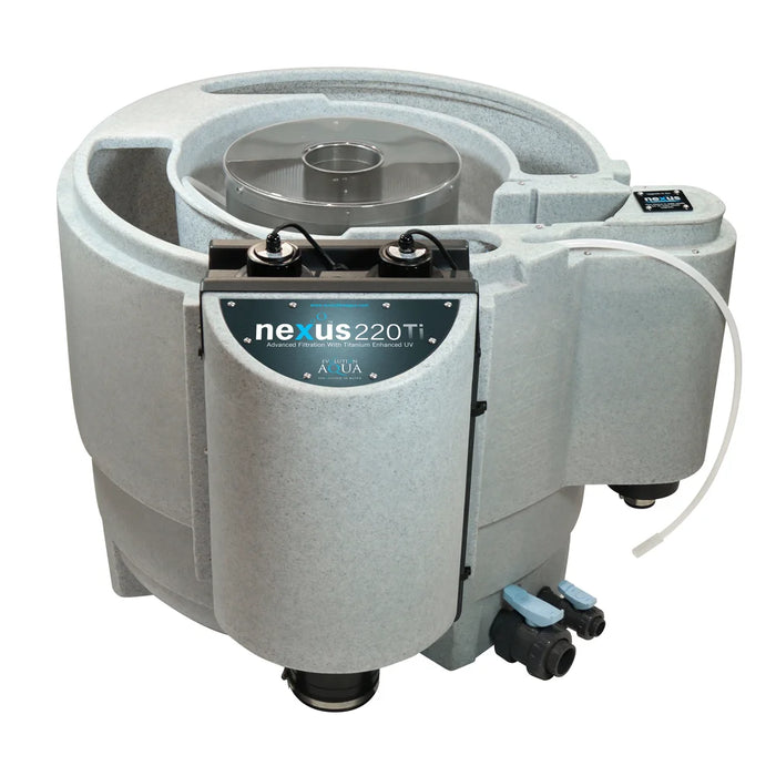 Angled front view of the Evolution Aqua Nexus EAZY 220 Titanium Pond Filter with grey body, UV housings and dual blue valves