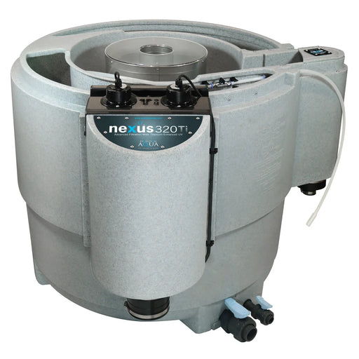 Front angle of the Evolution Aqua Nexus EAZY 320 Titanium with grey housing, dual titanium UV caps and base valves