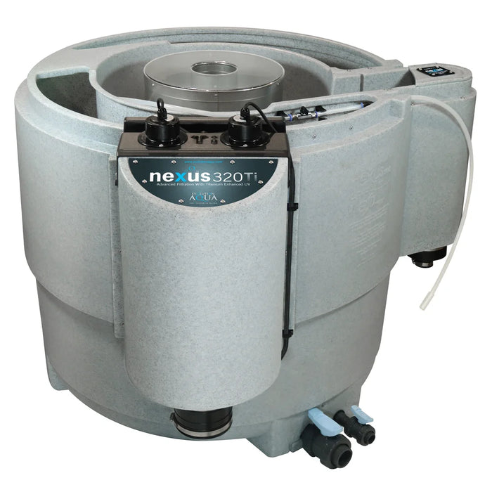 Front angle of the Evolution Aqua Nexus EAZY 320 Titanium with grey housing, dual titanium UV caps and base valves