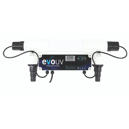 Front view of the Evolution Aqua 25 Watt UV Clarifier with white body, black end caps, and dual hosetail connections