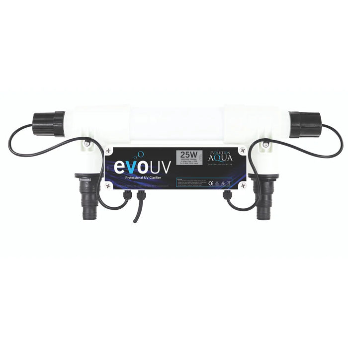 Front view of the Evolution Aqua 25 Watt UV Clarifier with white body, black end caps, and dual hosetail connections
