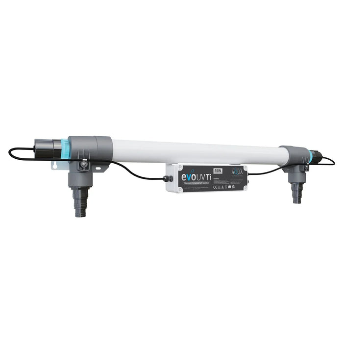 Side profile of the Evolution Aqua 55 Watt Titanium UV Clarifier with wall bracket, 55W ballast box and threaded hosetail fittings