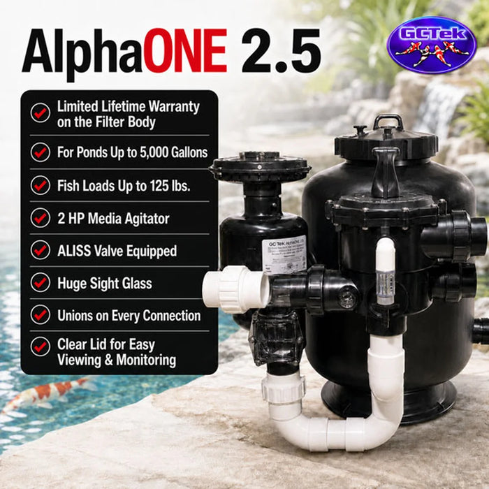 GCTek AlphaONE Filter System model 2.5 feature graphic noting 5,000 gallon capacity, 125 lb fish load, 2 HP agitator and ALISS valve