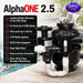 GCTek AlphaONE Filter System model 2.5 feature graphic noting 5,000 gallon capacity, 125 lb fish load, 2 HP agitator and ALISS valve