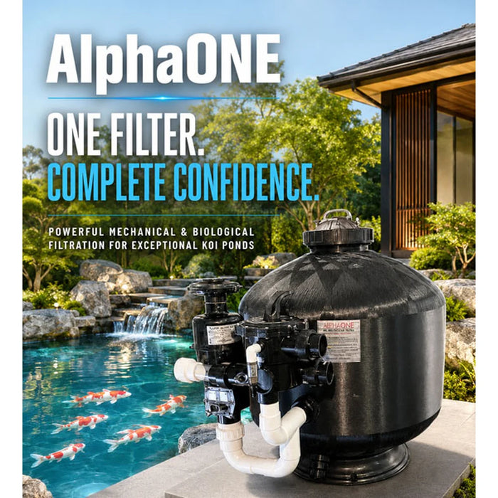 GCTek AlphaONE Pressurized Filter beside a landscaped koi pond in a lifestyle banner promoting mechanical and biological filtration