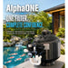 GCTek AlphaONE Pressurized Filter beside a landscaped koi pond in a lifestyle banner promoting mechanical and biological filtration
