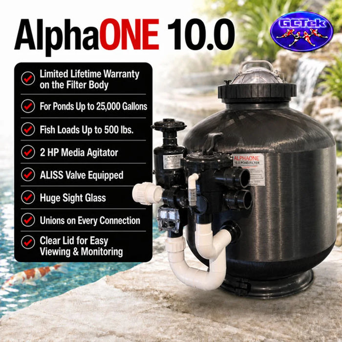 GCTek AlphaONE model 10.0 feature list graphic showing 25,000 gallon capacity, 500 lb fish load, 2 HP agitator and ALISS valve