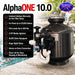 GCTek AlphaONE model 10.0 feature list graphic showing 25,000 gallon capacity, 500 lb fish load, 2 HP agitator and ALISS valve