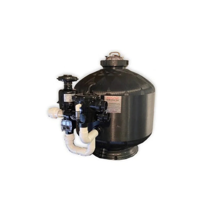 GCTek AlphaONE Biological Filter model 10.0 with clear domed lid, multiport valve and white union plumbing on white studio background