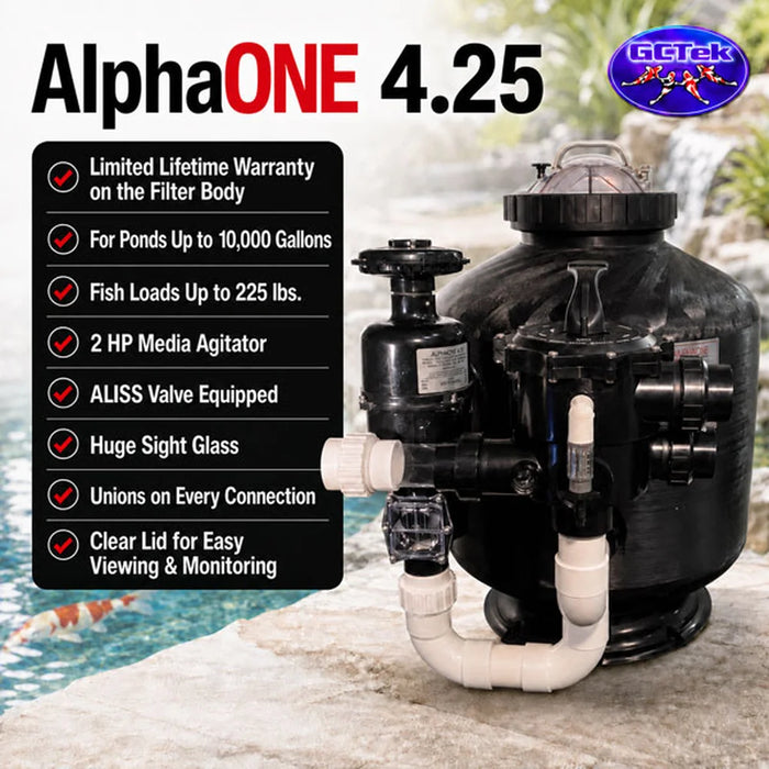 GCTek AlphaONE Pond Filter model 4.25 feature graphic showing 10,000 gallon capacity, 225 lb fish load, 2 HP agitator and ALISS valve