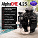 GCTek AlphaONE Pond Filter model 4.25 feature graphic showing 10,000 gallon capacity, 225 lb fish load, 2 HP agitator and ALISS valve