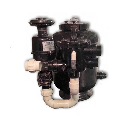 GCTek AquaBead Filters compact twin-chamber unit with left air blower canister and U-shaped white PVC bottom pipe