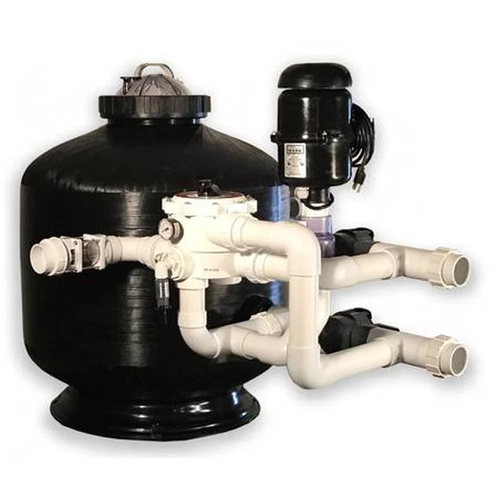 GCTek AquaBead LH Filter System with black bead tank, top-mounted pump and white 2-inch union plumbing manifold